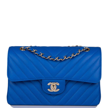Chanel Small Classic Double Flap Blue Chevron Caviar Gold Hardware