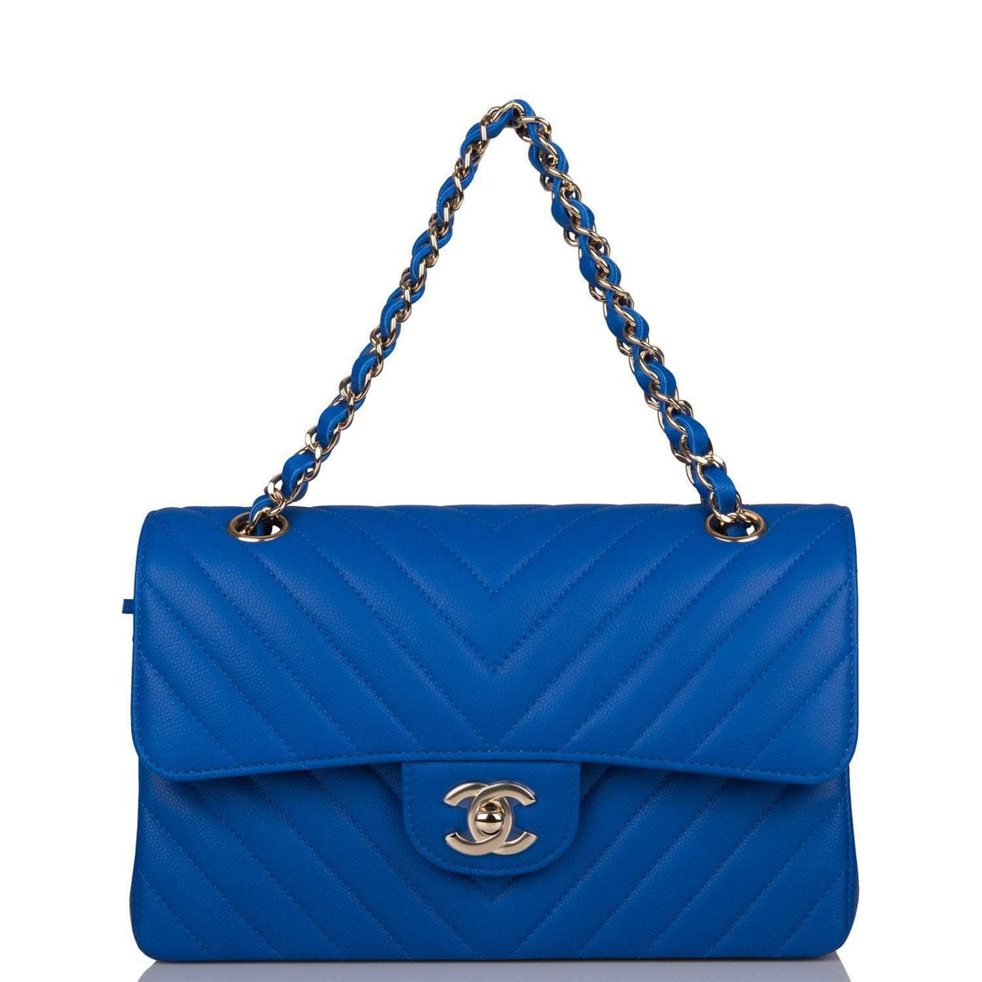 Chanel Small Classic Double Flap Blue Chevron Caviar Gold Hardware