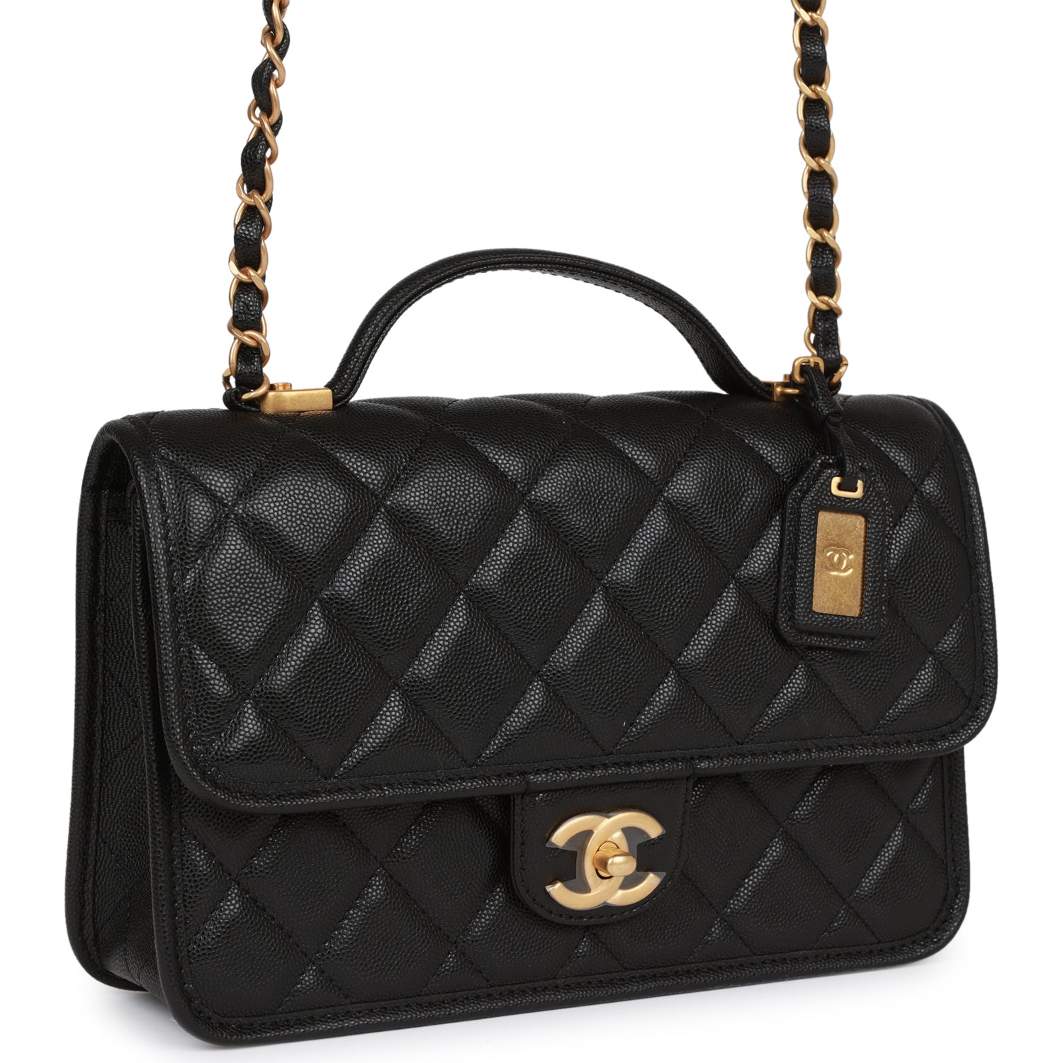 Chanel School Memory Top Handle Flap Bag Black Caviar Antique Gold Hardware
