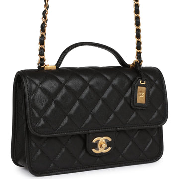 Chanel School Memory Top Handle Flap Bag Black Caviar Antique Gold Hardware