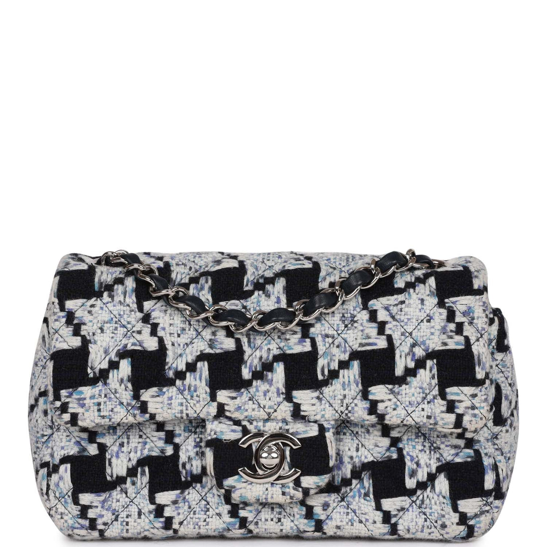 Chanel Mini Rectangular Flap Bag Blue Tweed Silver Hardware