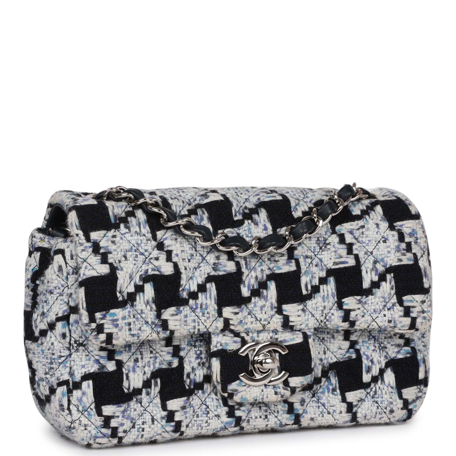 New Chanel Mini Rectangular Flap Bag Blue Tweed Silver Hardware