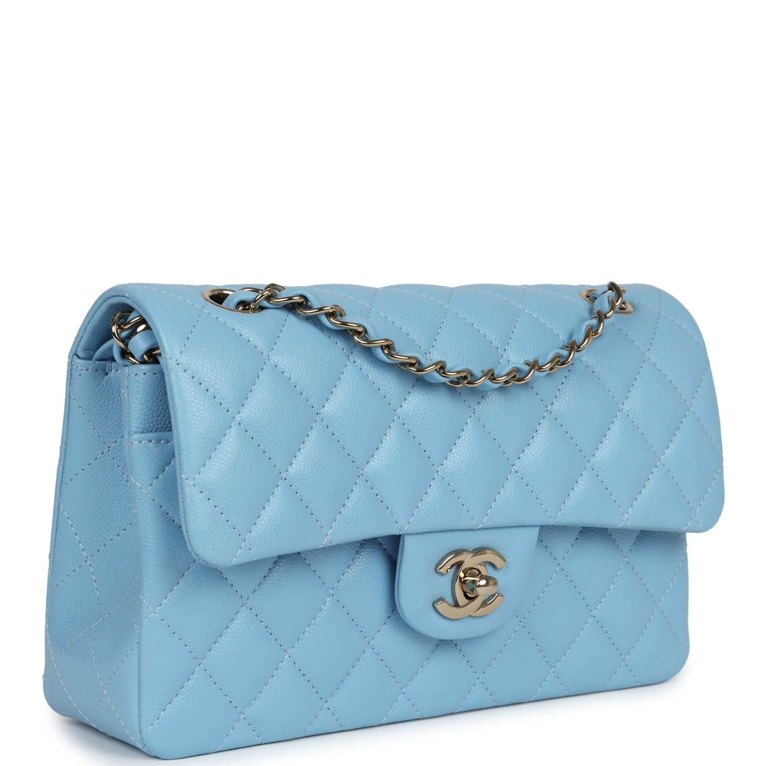 Chanel Small Classic Double Flap Bag Light Blue Caviar Gold Hardware