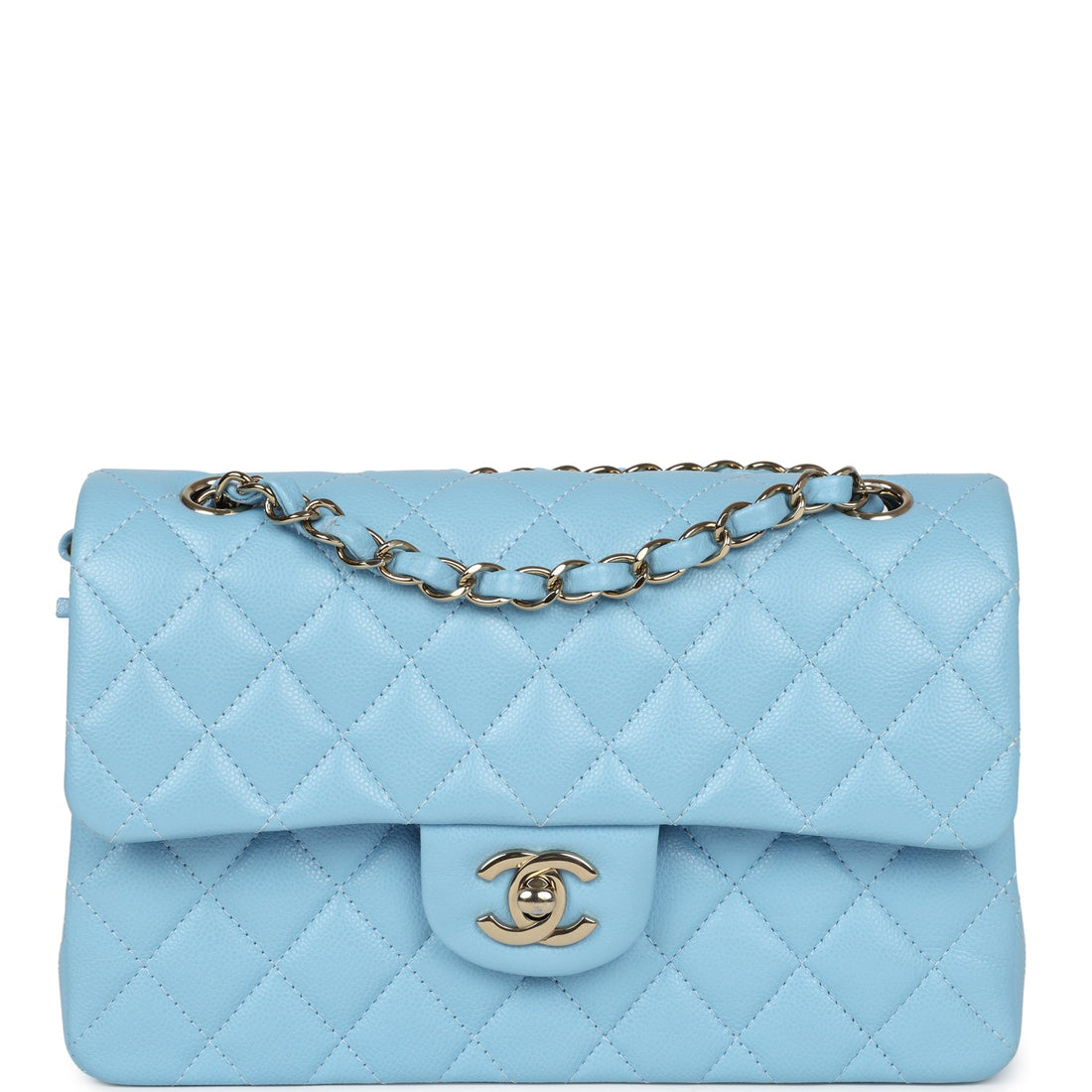 New Chanel Small Classic Double Flap Bag Light Blue Caviar Light Gold Hardware