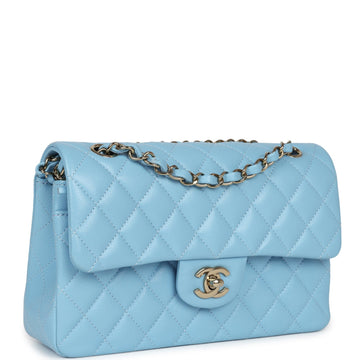New Chanel Small Classic Double Flap Bag Light Blue Caviar Light Gold Hardware