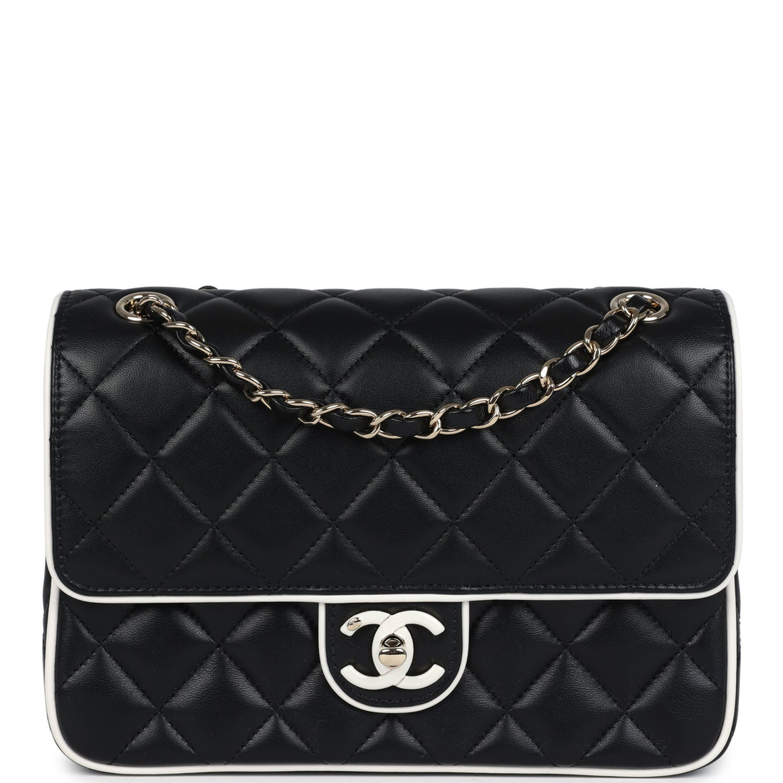 Chanel Small Graphic Frame Flap Bag Black and White Lambskin Light Gold Hardware