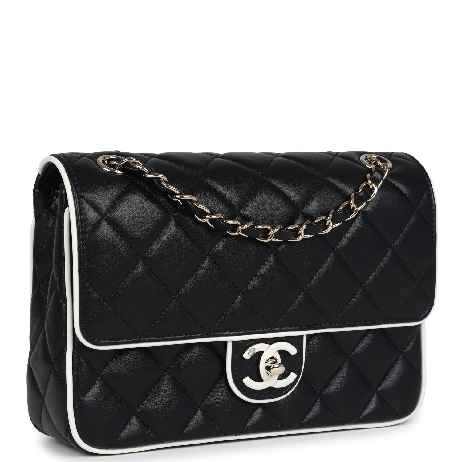 Chanel Small Graphic Frame Flap Bag Black and White Lambskin Light Gold Hardware