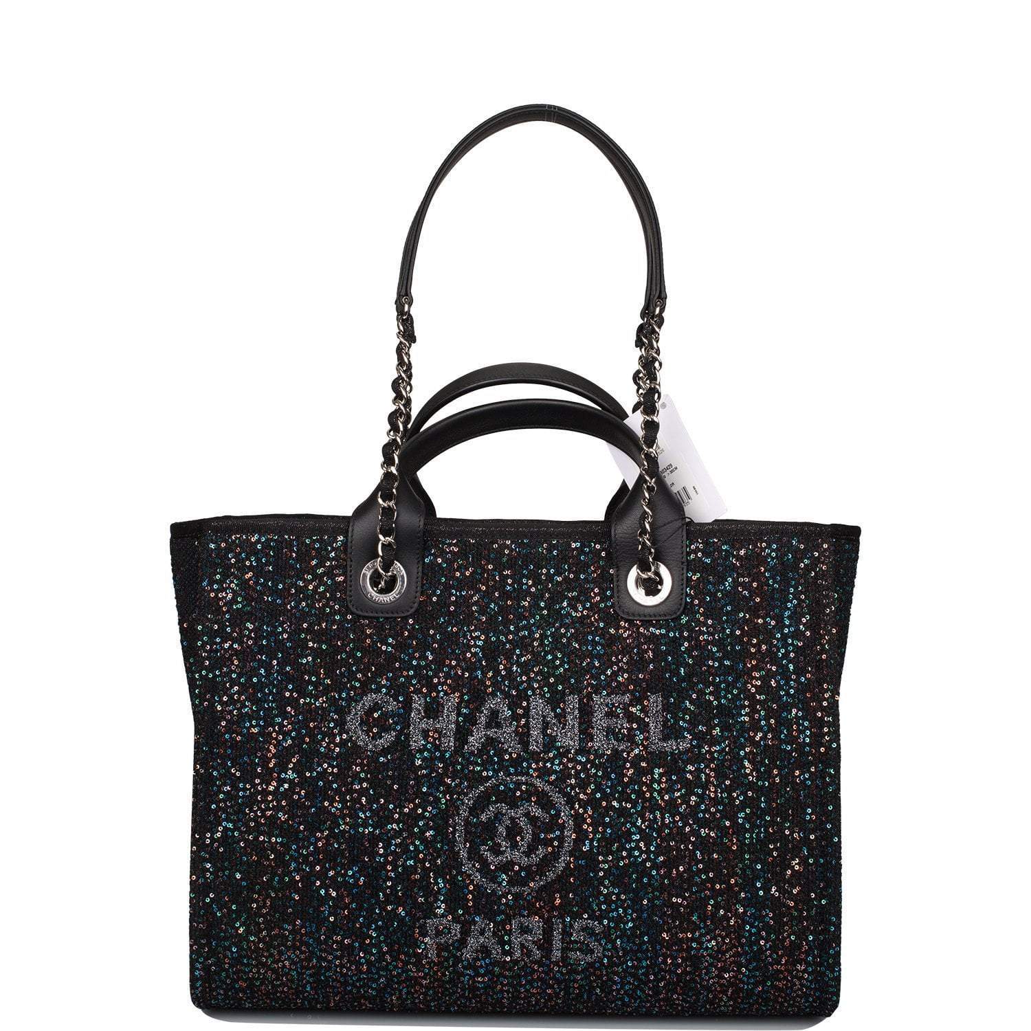 Chanel Large Deauville Shopping Tote Blue Sequin Boucle Silver Hardware