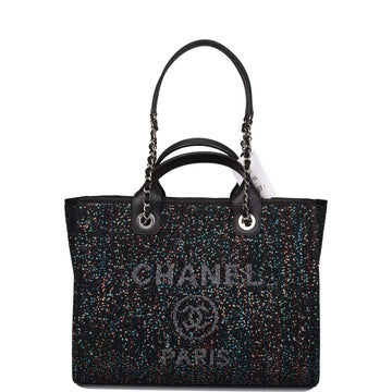 Chanel Large Deauville Shopping Tote Blue Sequin Boucle Silver Hardware