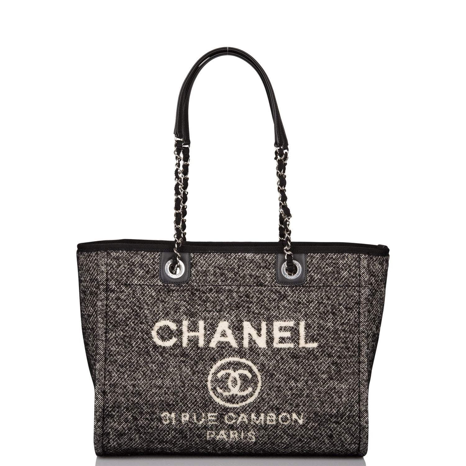 Chanel Small Deauville Shopping Bag Black Wool Silver Hardware