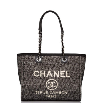 Chanel Small Deauville Shopping Bag Black Wool Silver Hardware