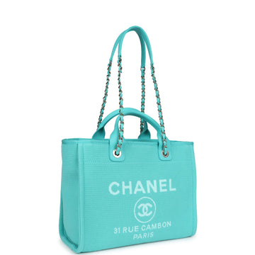 Chanel Small Deauville Shopping Tote Turquoise Canvas Light Gold Hardware