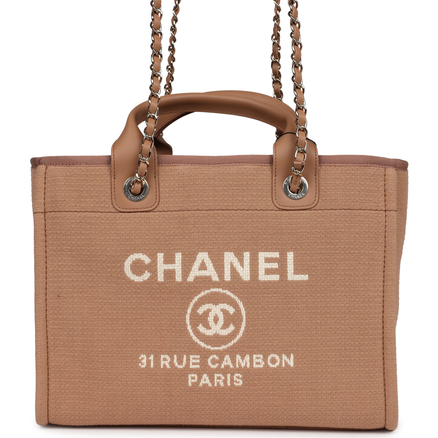Chanel Small Deauville Shopping Tote Dark Beige Canvas Light Gold Hardware