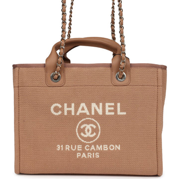 Chanel Small Deauville Shopping Tote Dark Beige Canvas Light Gold Hardware