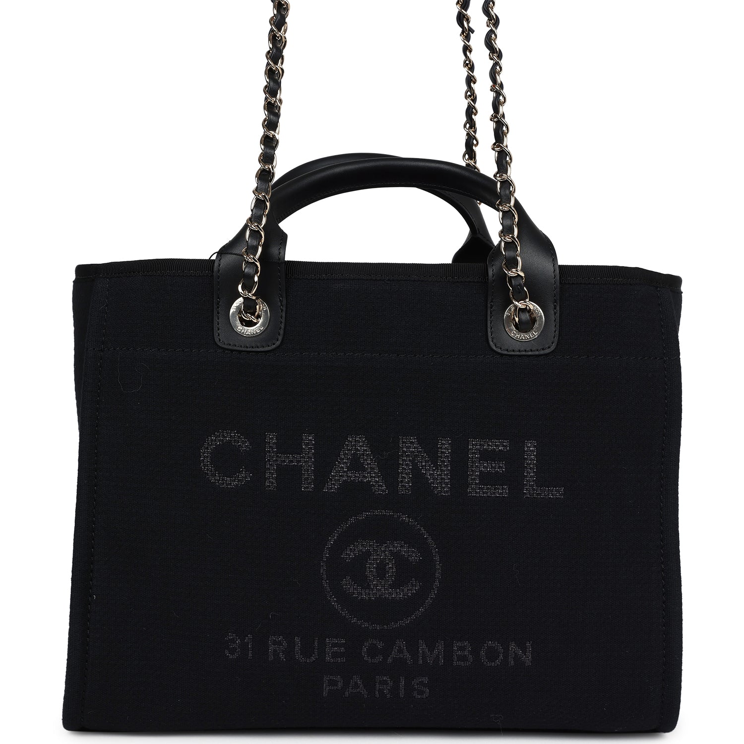 Chanel Small Deauville Shopping Tote Black Canvas Light Gold Hardware