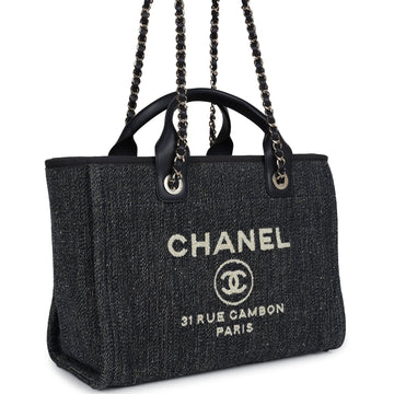 Chanel Small Deauville Shopping Tote Dark Blue Denim Light Gold Hardware