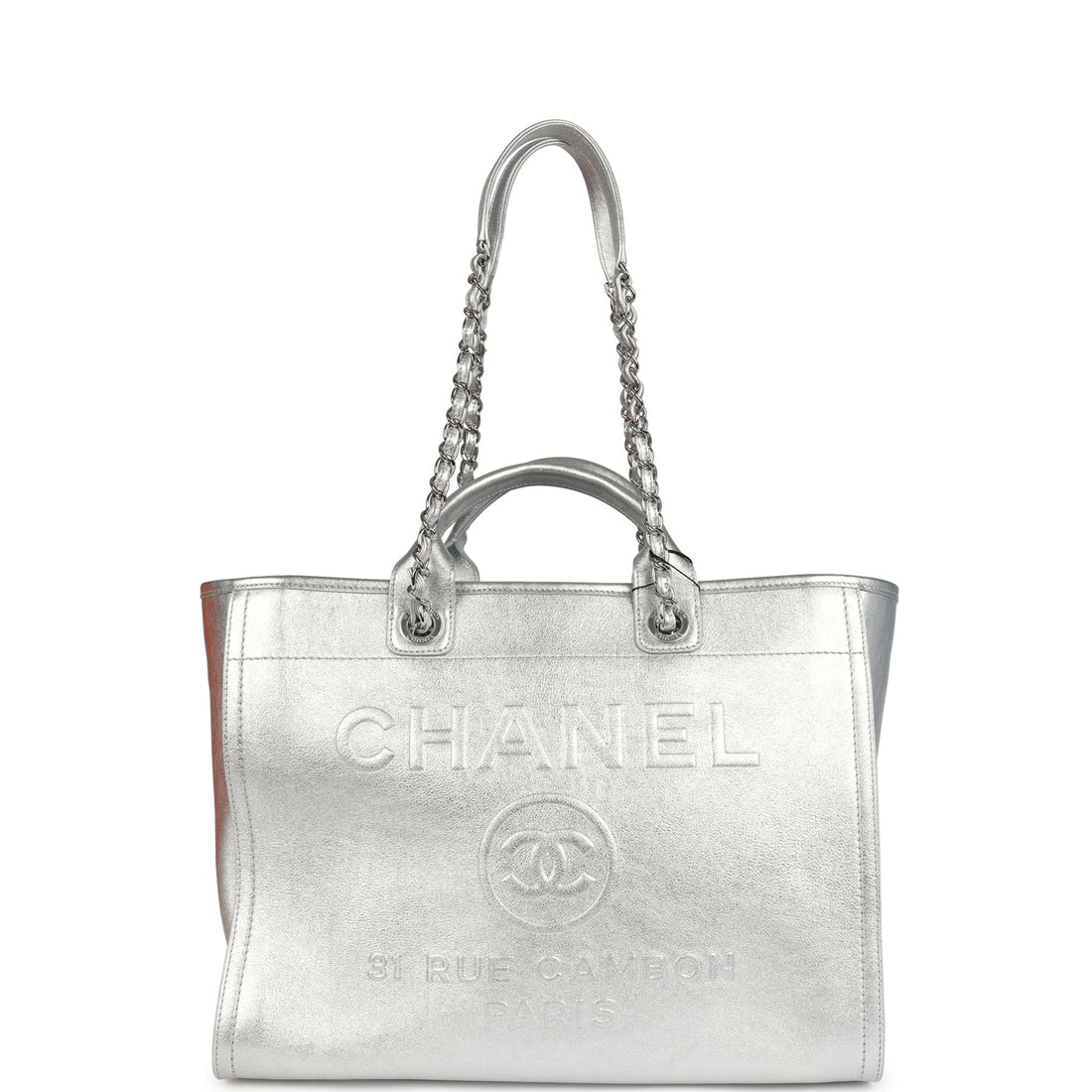 Chanel Medium Deauville Shopping Tote Metallic Silver Shiny Calfskin Silver Hardware