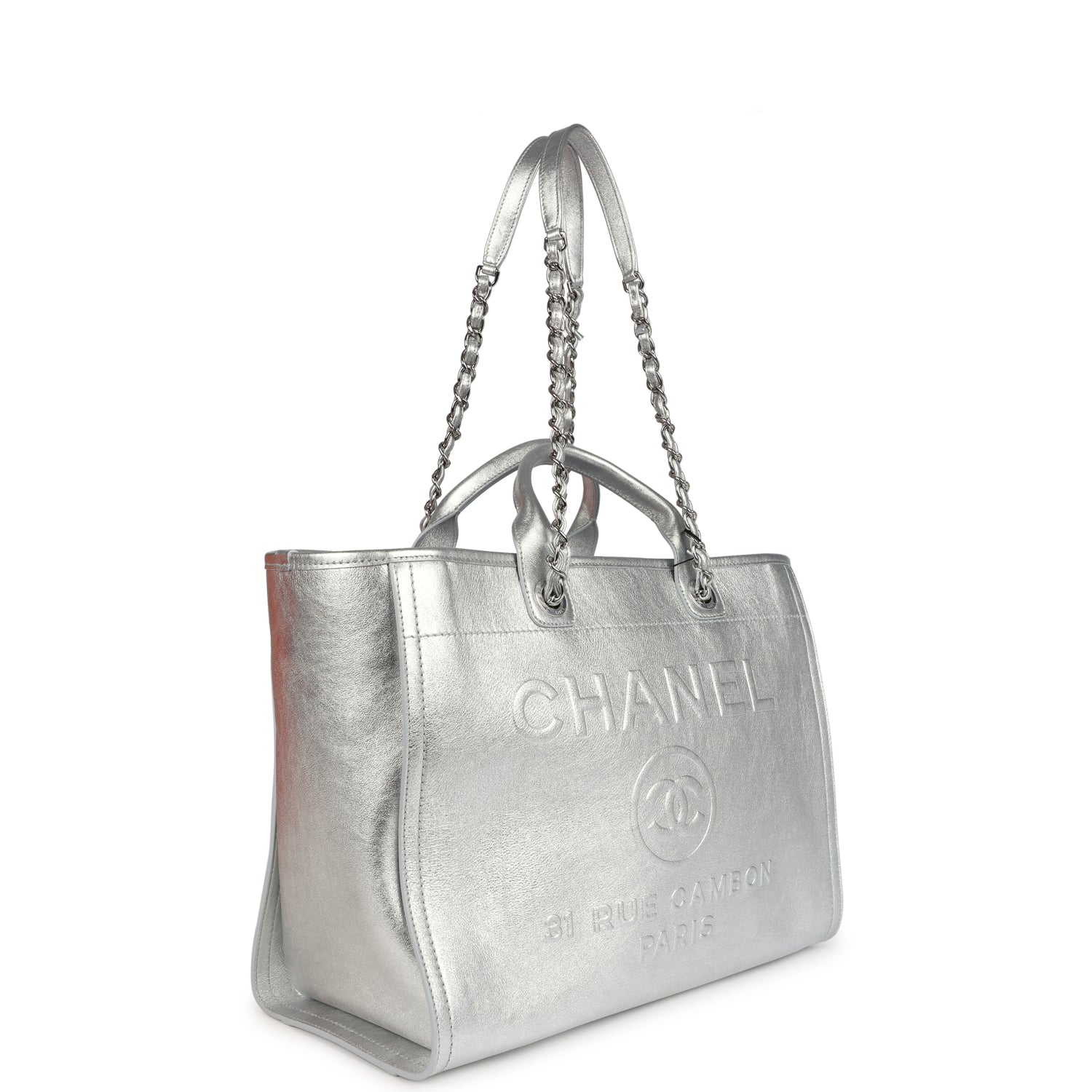 Chanel Medium Deauville Shopping Tote Metallic Silver Shiny Calfskin Silver Hardware