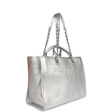 Chanel Medium Deauville Shopping Tote Metallic Silver Shiny Calfskin Silver Hardware