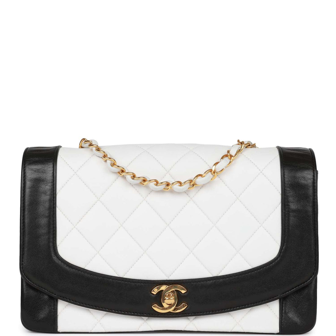 Vintage Chanel Medium Diana Flap Bag White and Black Lambskin Gold Hardware