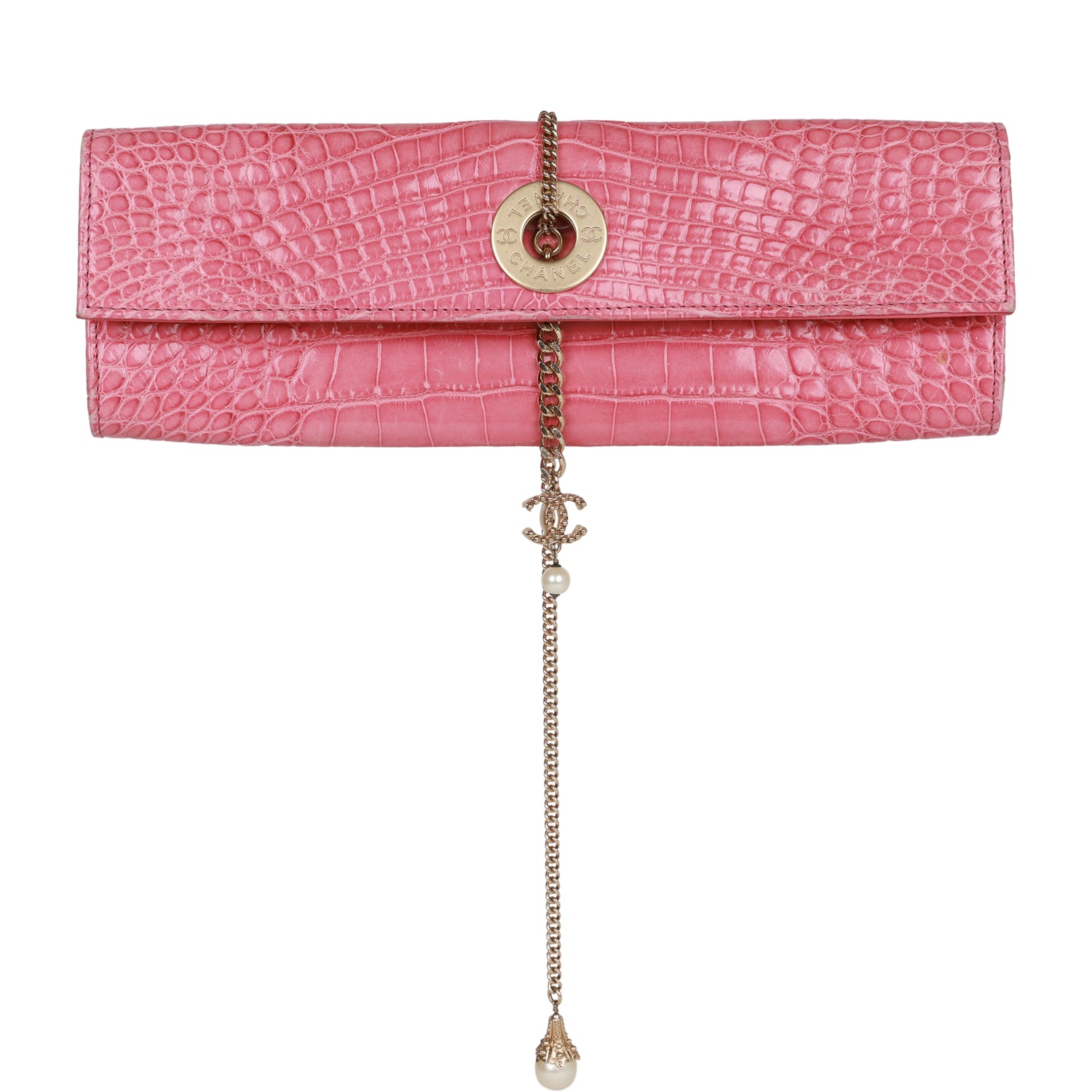 Chanel Chain Envelope Evening Clutch Bag Pink Crocodile Gold Hardware