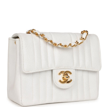 New Chanel Mini Square Flap Vertical Stripe White Caviar Gold Hardware