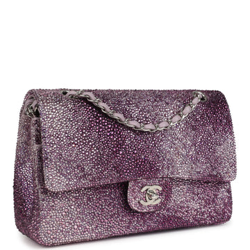 Custom Swarovski Crystal Chanel Medium Classic Double Flap Purple Lambskin Silver Hardware