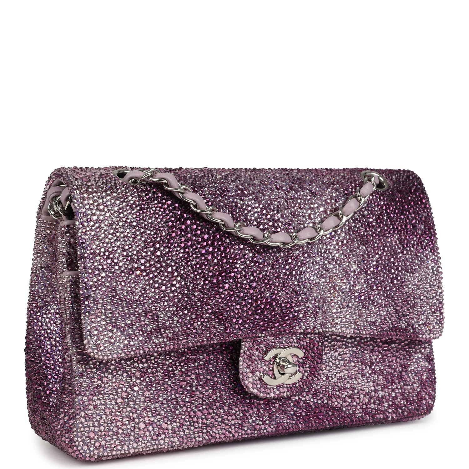 Custom Swarovski Crystal Vintage Chanel Medium Classic Double Flap Purple Lambskin Silver Hardware