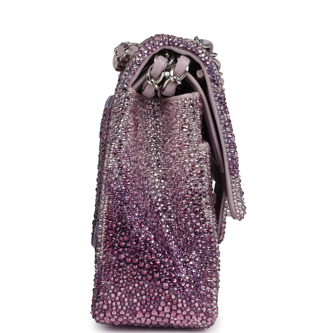 Custom Swarovski Crystal Chanel Medium Classic Double Flap Purple Lambskin Silver Hardware