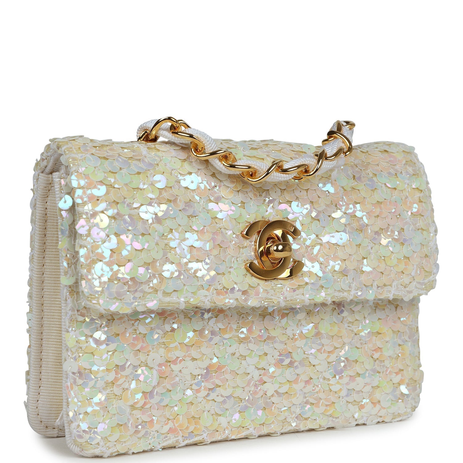 New Chanel Micro Half Flap Iridescent Ivory Sequin Gold Hardware