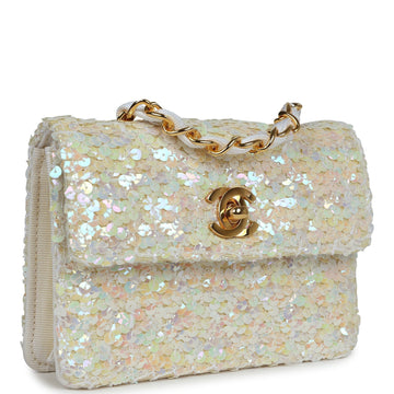 New Chanel Micro Half Flap Iridescent Ivory Sequin Gold Hardware