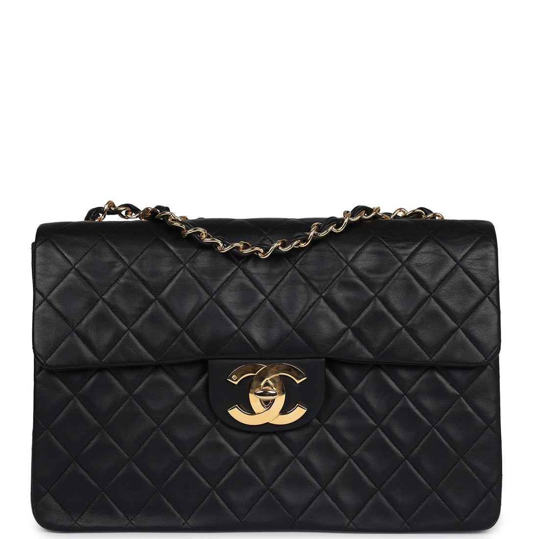 Vintage Chanel XL Jumbo Maxi Flap Bag Black Lambskin Gold Hardware