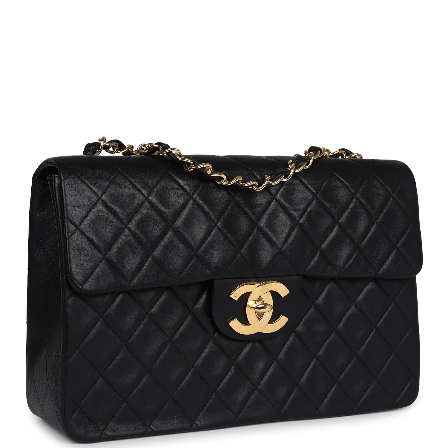 Vintage Chanel XL Jumbo Maxi Flap Bag Black Lambskin Gold Hardware