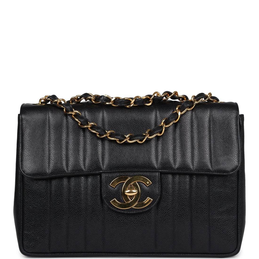Vintage Chanel XL Jumbo Mademoiselle Vertical Flap Black Caviar Gold Hardware