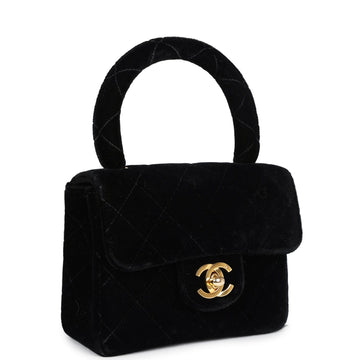 Chanel Micro Kelly Child Flap Bag Black Velvet Gold Hardware