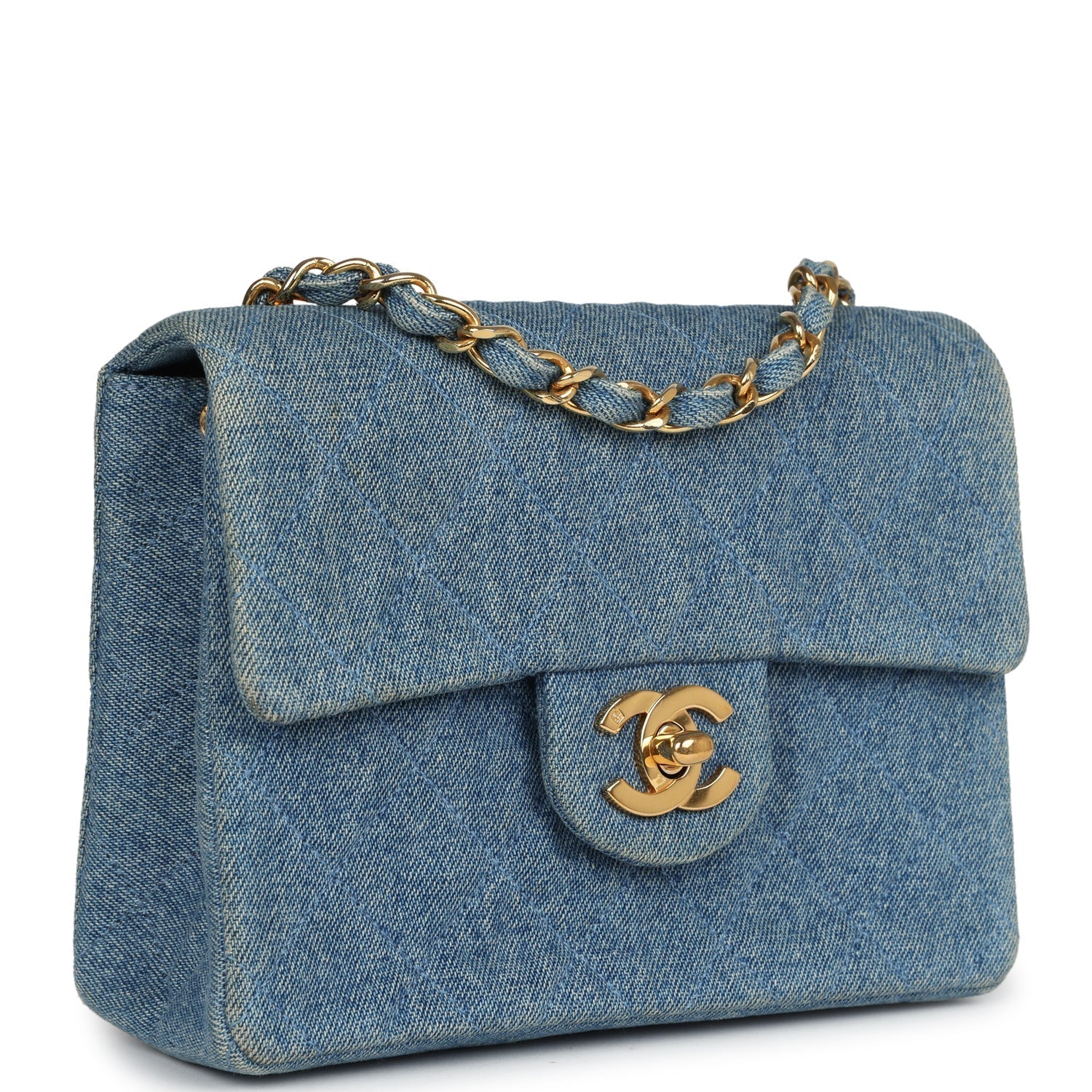 Chanel Mini Square Flap Bag Blue Denim Gold Hardware