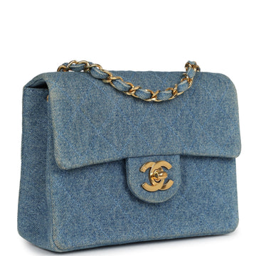 Chanel Mini Square Flap Bag Blue Denim Gold Hardware