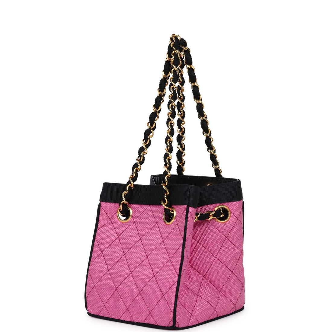 New Chanel Set of Two Mini Bucket Bag & Oval Handbag Pink and Black Raffia Gold Hardware