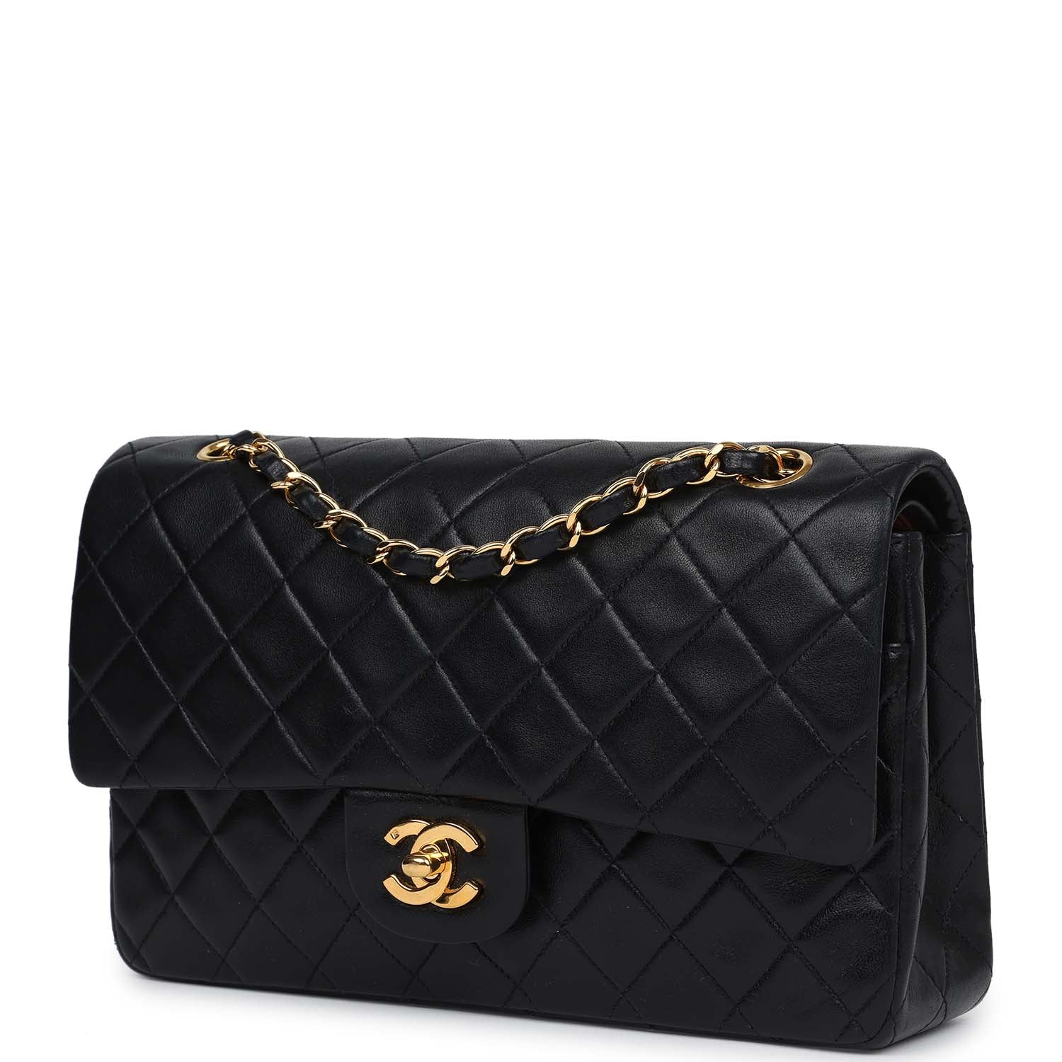 Vintage Chanel Medium Classic Double Flap Bag Black Lambskin Gold Hardware