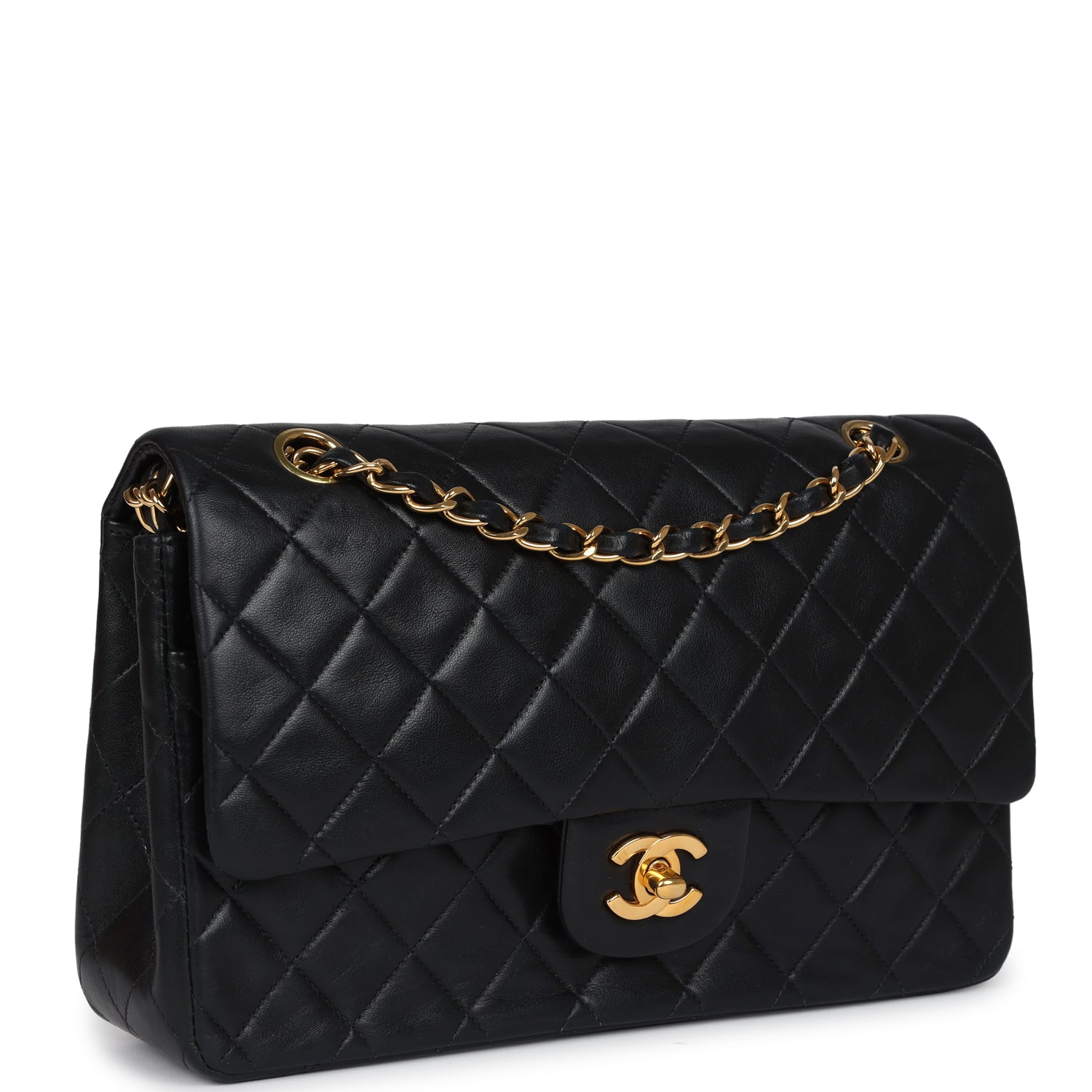 Vintage Chanel Medium Classic Double Flap Bag Black Lambskin Gold Hardware