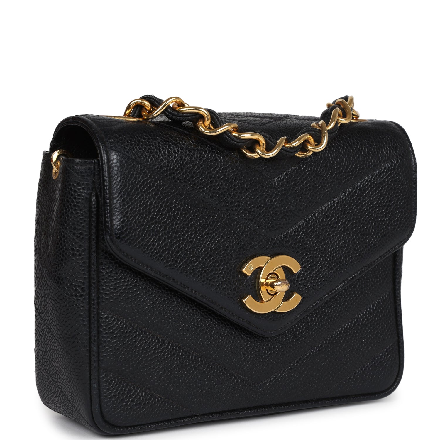 New Chanel Square Chevron Envelope Flap Bag Black Caviar Gold Hardware
