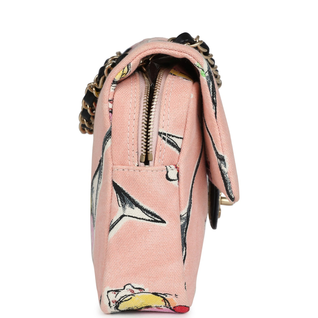 Vintage Chanel Zip Flap Bag Ice Cream Printed Pink Multicolor Canvas Brushed Gold Hardware