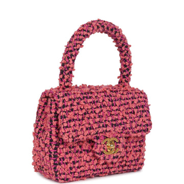 Chanel Micro Kelly Child Flap Bag Pink and Black Tweed Boucle Gold Hardware