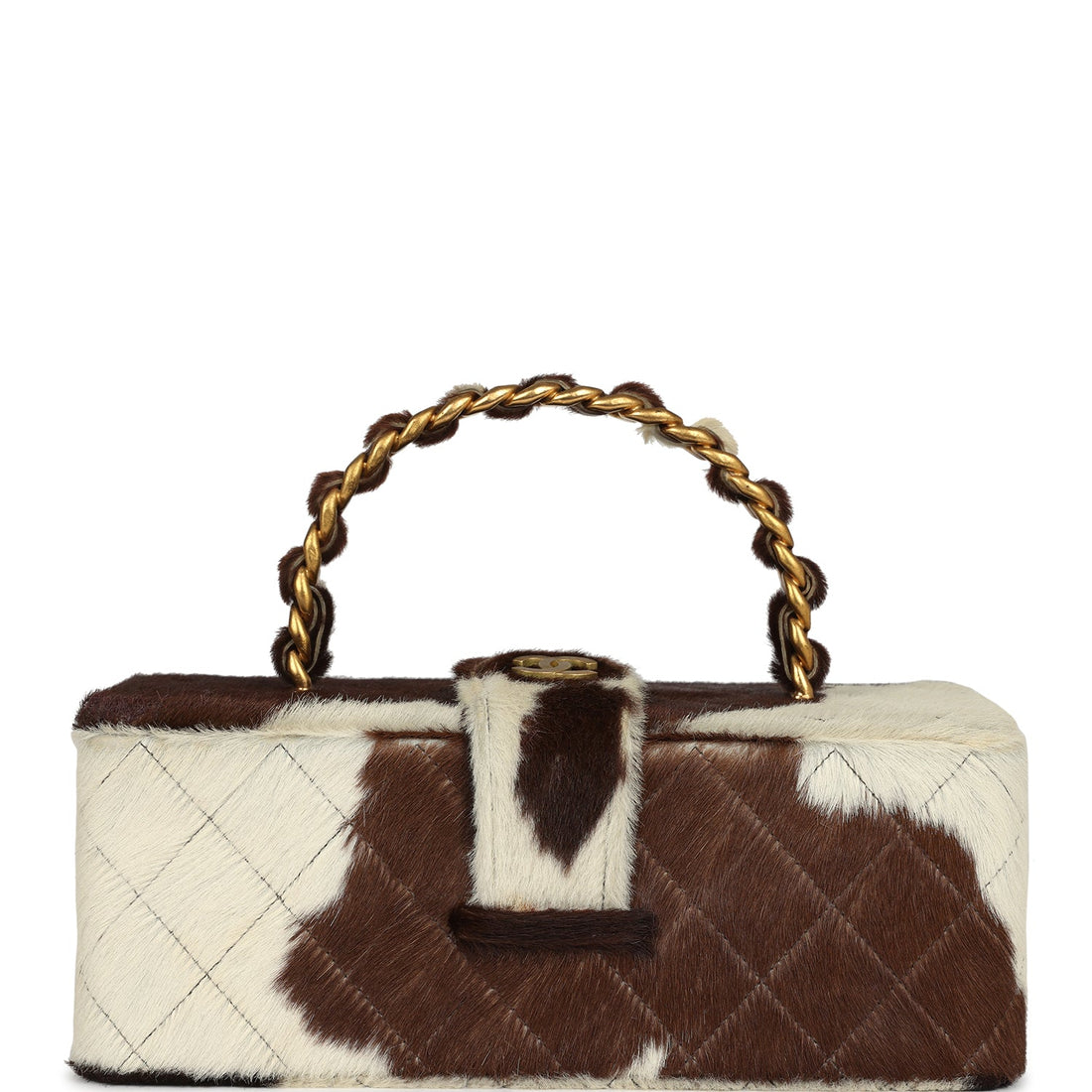 New Chanel Rectangular Vanity Box Brown and White Cow Print Pony Hair Antique Gold Hardware