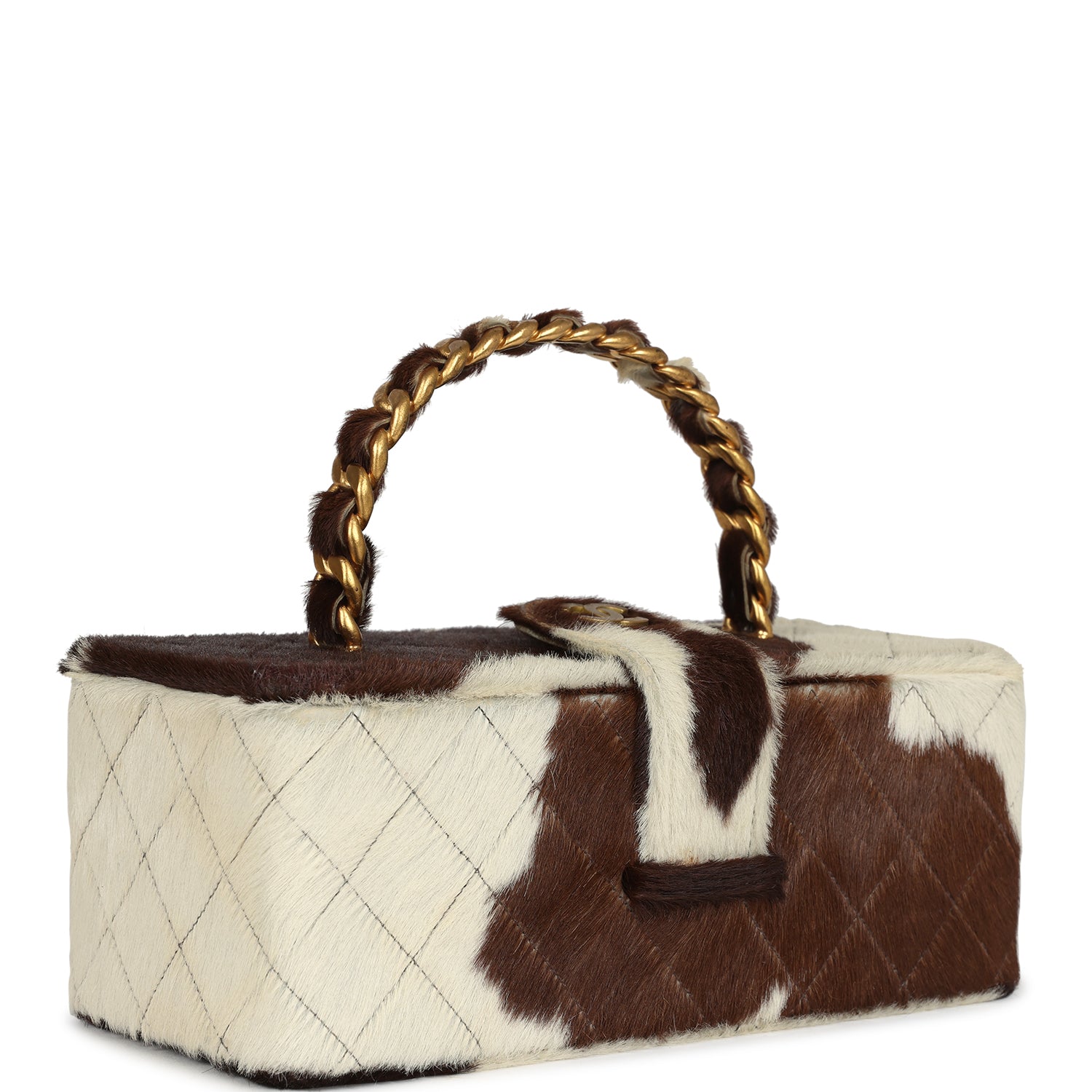 New Chanel Rectangular Vanity Box Brown and White Cow Print Pony Hair Antique Gold Hardware