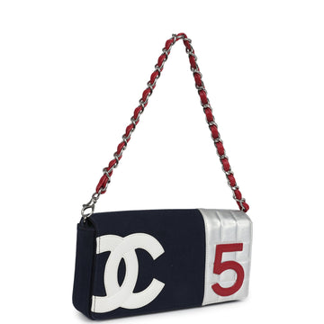 Chanel N0.5 Chain Shoulder Bag Navy, Silver, Red Canvas Silver Hardware