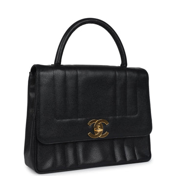 Chanel Vertical Stripe Kelly Flap Bag Black Caviar Gold Hardware