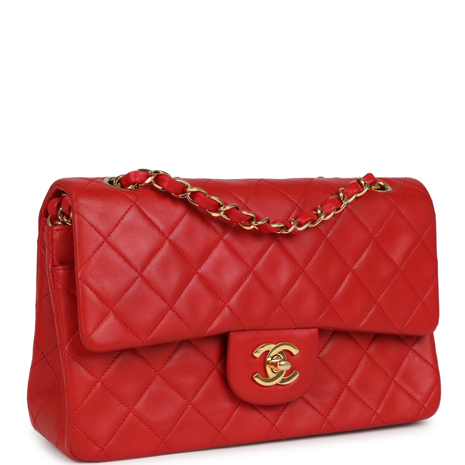 Vintage Chanel Small Classic Double Flap Bag Red Lambskin Gold Hardware