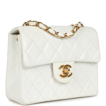 Vintage Chanel Mini Square Flap Bag White Lambskin Gold Hardware