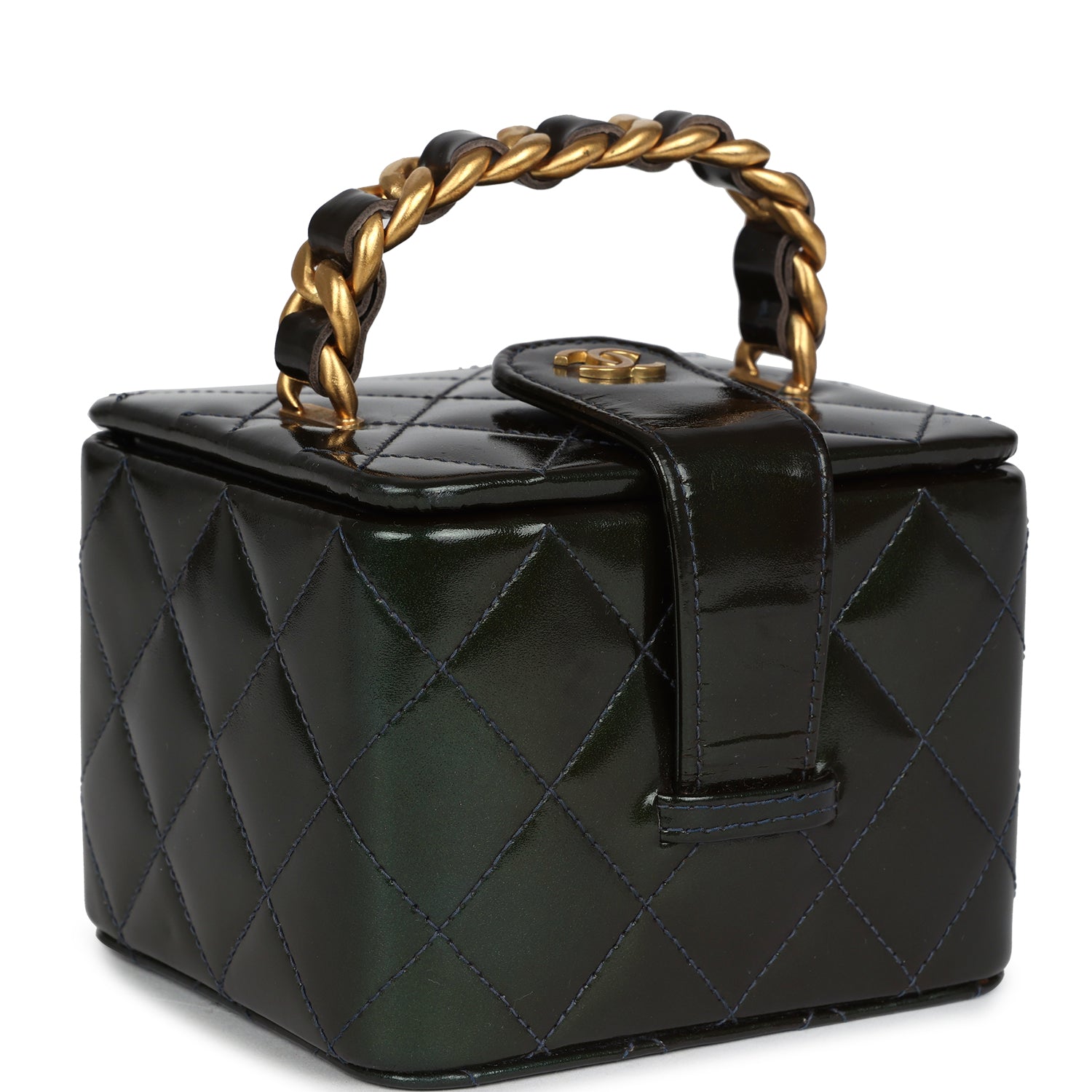 Vintage Chanel Mini Square Vanity Green Patent Antique Gold Hardware
